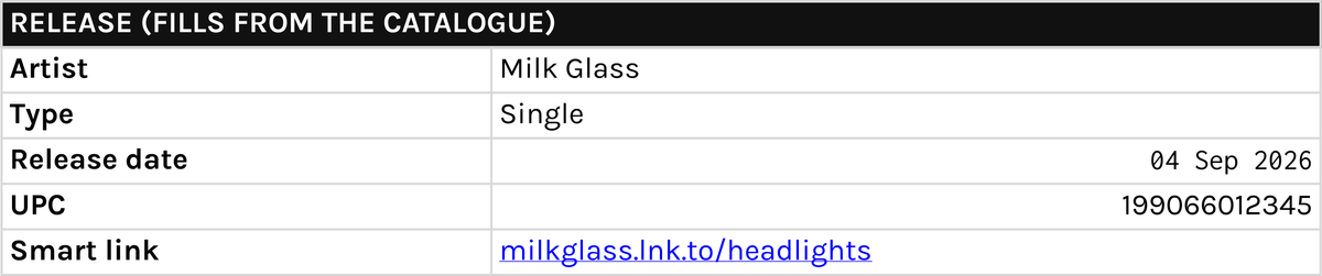 The Distributor One-Pager tab: release detail filled from the catalogue